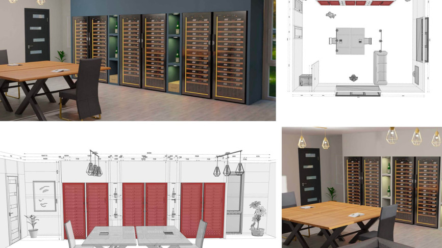 Realistische 3D-Ansichten, um eine bessere Vorstellung von einem Innenraumgestaltungsprojekt mit Einbau eines Weinklimaschranks in ein Möbelstück nach Maß zu gewinnen.