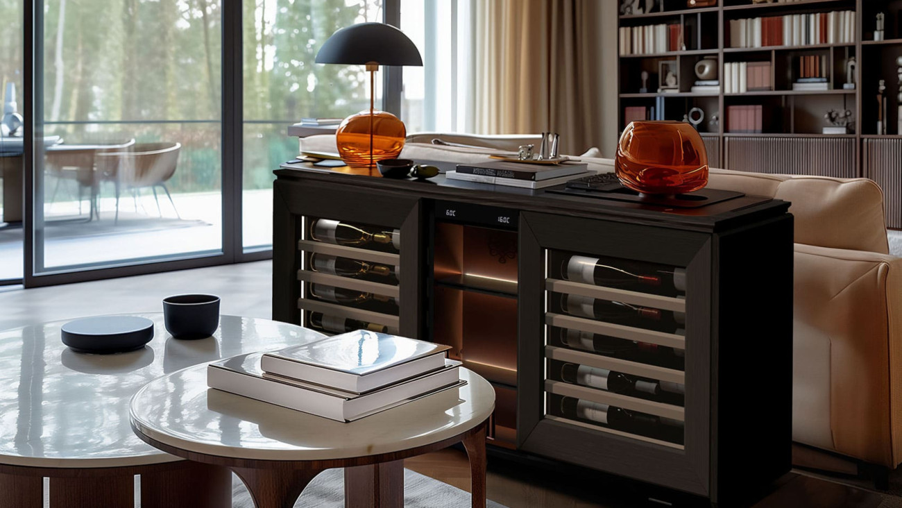 Sophistication and control, thanks to all the eurocave technology integrated in a real wine cellar integrated in a low buffet type wine furniture.