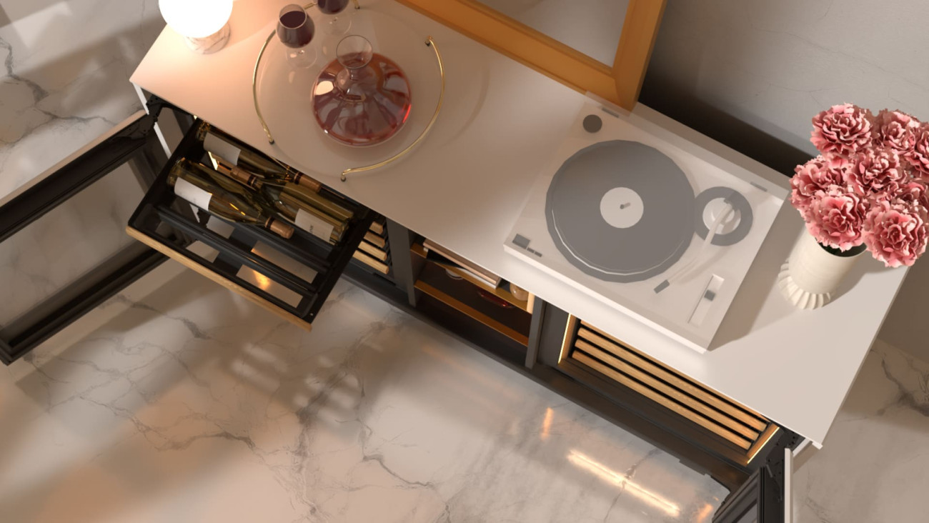 Konfigurieren Sie Ihren Harmonie-Servierweinkeller bis ins kleinste Detail, um ihn stilvoll auf die Inneneinrichtung Ihres Wohnzimmers abzustimmen, ohne Kompromisse eingehen zu müssen.