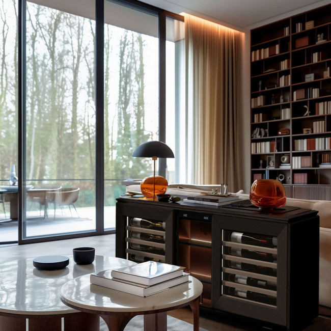 Kombiniertes Design-Buffet und echter elektrischer Weinkühlschrank, um den Wein zu kühlen und zu chambrieren, alle eurocave-Technologien integriert und 5 Jahre Herstellergarantie.