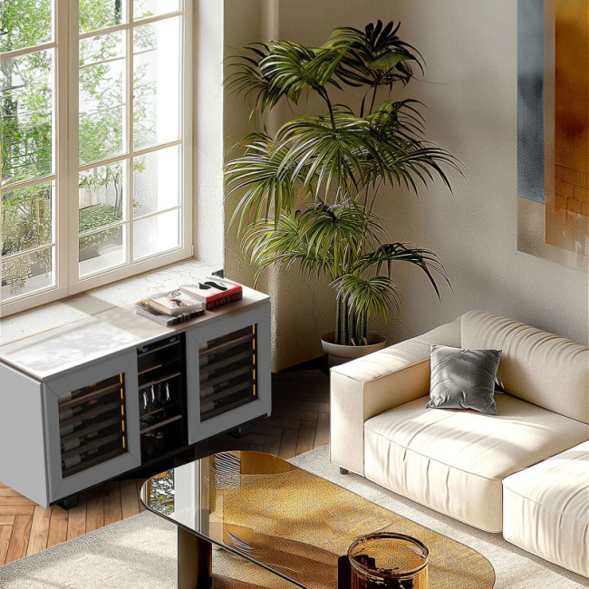 Kombiniertes Design-Buffet und echter elektrischer Weinkühlschrank, um den Wein zu kühlen und zu chambrieren, alle eurocave-Technologien integriert und 5 Jahre Herstellergarantie.