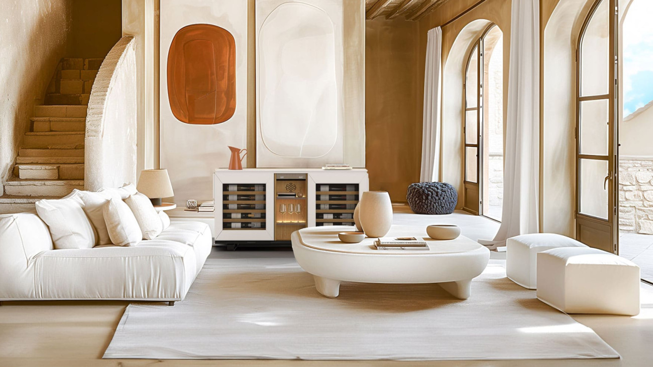 Buffetmöbel und ein echter elektrischer Weinkühler – die perfekte Kombination, um Ihre Weine stilvoll im Wohnzimmer zu lagern und auf die richtige Temperatur zu bringen.