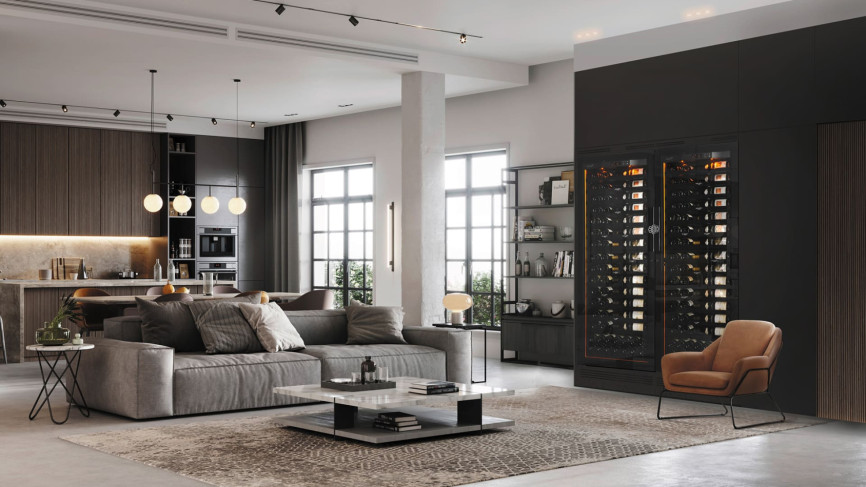 Einbau-Weinkeller mit einer Temperatur, nebeneinander integriert, mit Innenbeleuchtung, Glastür und Premium-Ausstattung.  Revelation EuroCave