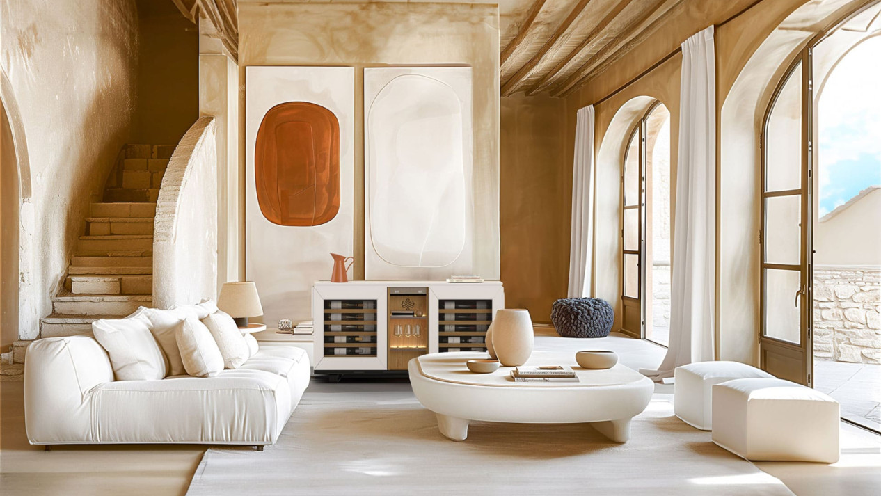 Weinkellermöbel Harmonie, ein einzigartiges Möbelstück, das einen echten Weinkühlschrank integriert und sich dank seiner Farbauswahl in alle Innendekorationen einfügt.