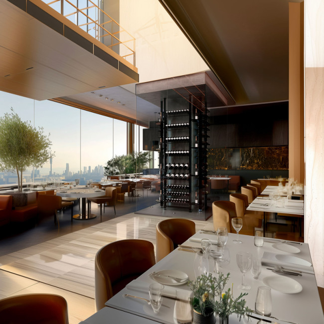 Weinvitrine in einem Restaurant. Professionelle Weinpräsentation, um das Kundeninteresse zu wecken und Zusatzverkäufe zu steigern.