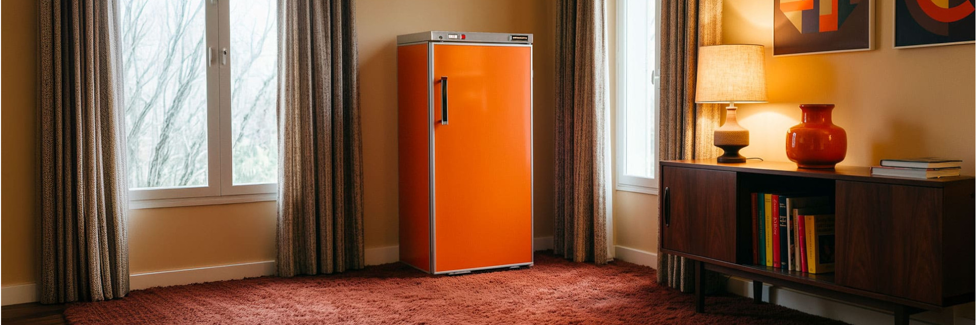 Erster historischer Weinkühlschrank mit orangefarbener Vintage Innenausstattung