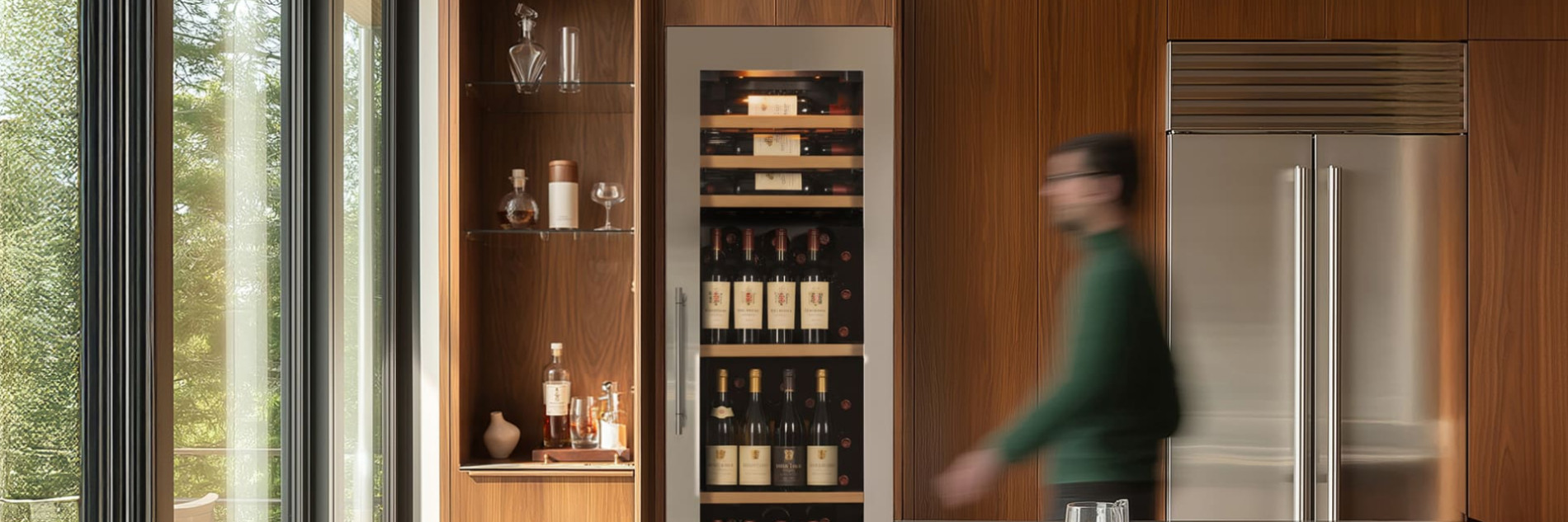 Einbau Weinkühlschrank mit technischer Tür und Edelstahlverkleidung in moderner Küche